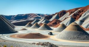 A serene mine landscape showing chromite ore piles under clear blue skies, reflecting environmental preservation efforts.