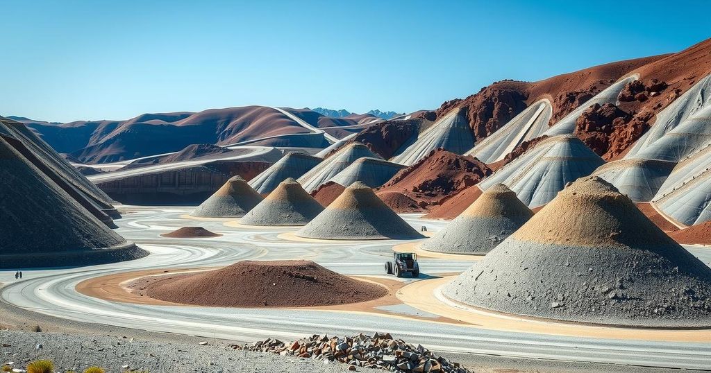 A serene mine landscape showing chromite ore piles under clear blue skies, reflecting environmental preservation efforts.