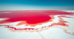 Surreal crimson lake in Tanzania surrounded by salt marshes, highlighting unique ecosystem for flamingos.