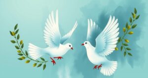 Symbolic representation of Middle East peace discussions with abstract doves and olive branches in soft colors.