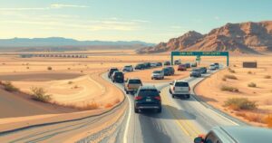A border scene with vehicles waiting in line at San Luis, Mexico, surrounded by a desert landscape under a blue sky.