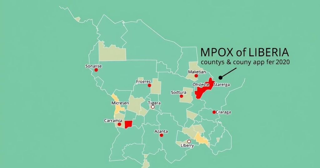 Map of Liberia highlighting counties with mpox cases, featuring a soothing color palette of greens and blues.