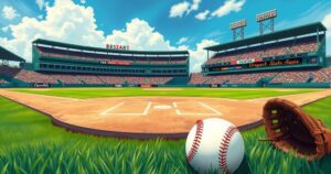 A vibrant baseball scene showcasing a baseball diamond with a focus on a baseball and glove in bright colors.