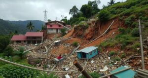 Landslide aftermath with debris and ruined homes in a lush Colombian landscape, depicting the devastation from heavy rains.