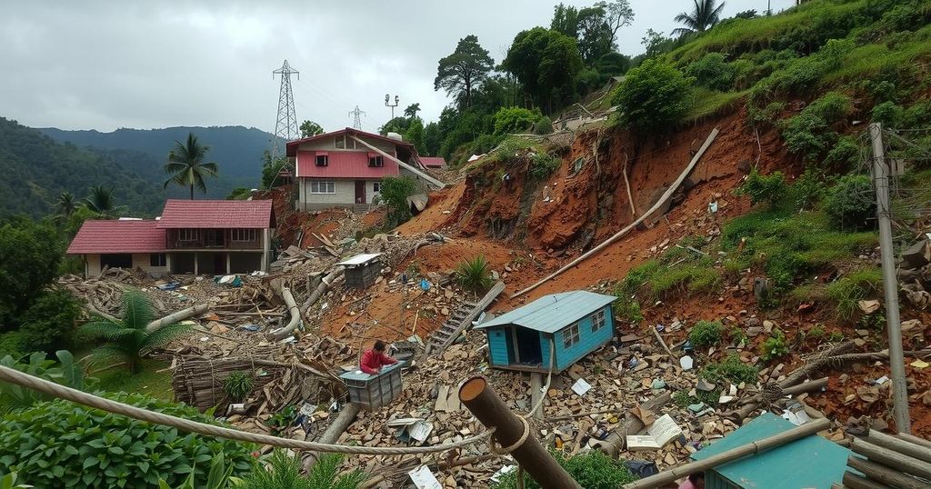 Landslide aftermath with debris and ruined homes in a lush Colombian landscape, depicting the devastation from heavy rains.