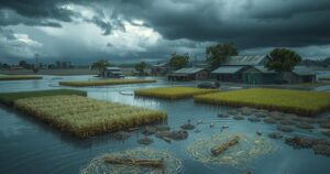 A dramatic landscape showing flooded farmlands and submerged markets in Nigeria, highlighting environmental impact.