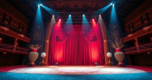 Award ceremony setting in Shanghai with a grand theater, spotlight on the stage and shimmering decorations.