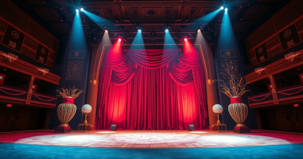Award ceremony setting in Shanghai with a grand theater, spotlight on the stage and shimmering decorations.