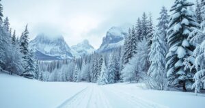 Snowy landscape with heavy snow accumulation in Glacier National Park, highlighting winter's beauty and scenic mountains.