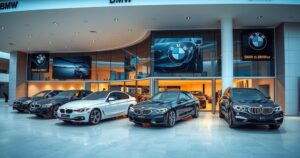 A luxury car showroom with sleek BMW models, modern architecture, and a vibrant color palette enhancing the ambiance.