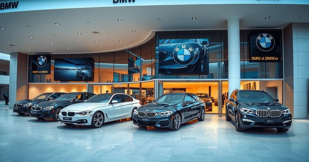 A luxury car showroom with sleek BMW models, modern architecture, and a vibrant color palette enhancing the ambiance.