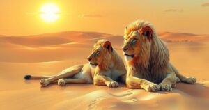 A serene Namibian landscape showcasing desert-adapted lions, capturing wildlife in their natural habitat.
