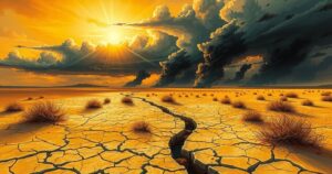 A vast desert landscape with sun-baked earth under an intense sun, featuring dry feathery grass and clouds indicating thunderstorms.