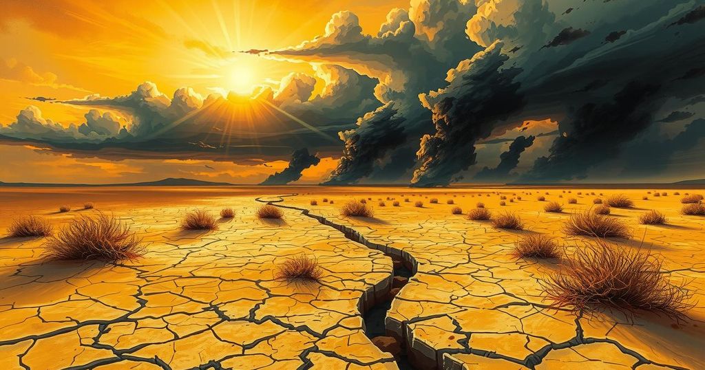 A vast desert landscape with sun-baked earth under an intense sun, featuring dry feathery grass and clouds indicating thunderstorms.