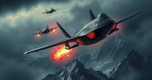 A dramatic representation of stealth bombers striking fortified mountains, depicting tension and precision in a military operation.