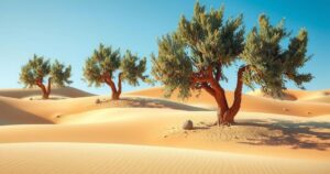 A serene desert landscape featuring olive trees and soft golden sand under a clear blue sky.