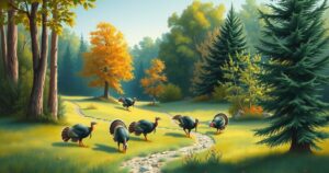 A serene landscape showcasing lush greenery and wild turkeys in natural habitat, representing turkey harvest trends.