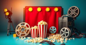 A vibrant cinema scene depicting film reels and popcorn, reflecting media partnerships and entertainment content distribution.