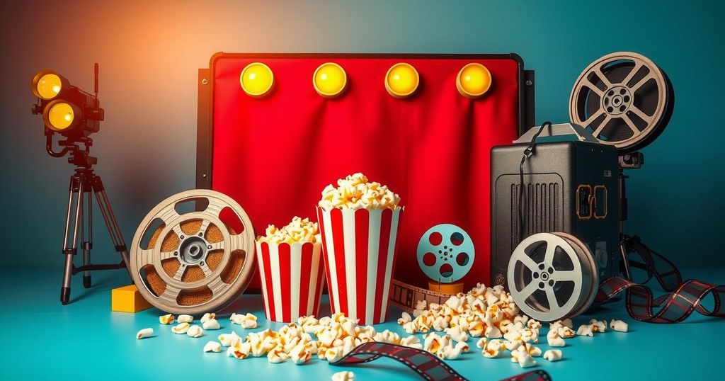 A vibrant cinema scene depicting film reels and popcorn, reflecting media partnerships and entertainment content distribution.
