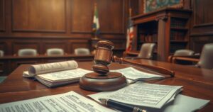 A courtroom scene with a gavel and legal documents, symbolizing justice and legal proceedings.