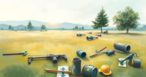 A serene landscape showing demining in a tranquil setting, symbolizing peace efforts amidst turmoil. Soft pastels dominate.