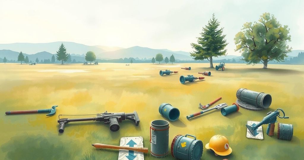 A serene landscape showing demining in a tranquil setting, symbolizing peace efforts amidst turmoil. Soft pastels dominate.