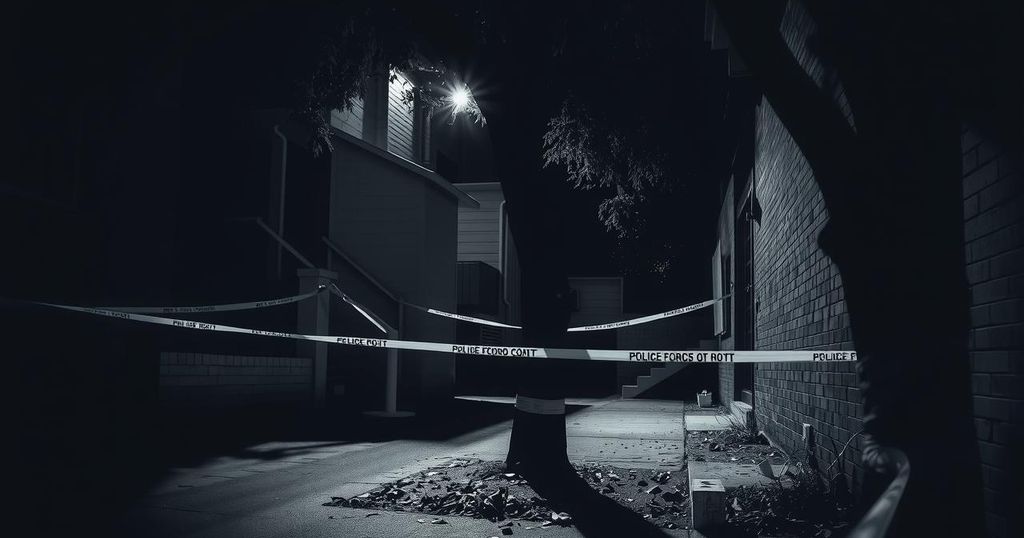 A dark alley at night with police tape, a silhouette of two trees, and scattered leaves, conveying a sense of danger.
