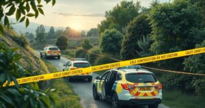 A police scene with caution tape and police vehicles in a natural setting, reflecting law enforcement activity.