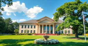 A serene legislative building surrounded by greenery, symbolizing law and justice reform in Vietnam.
