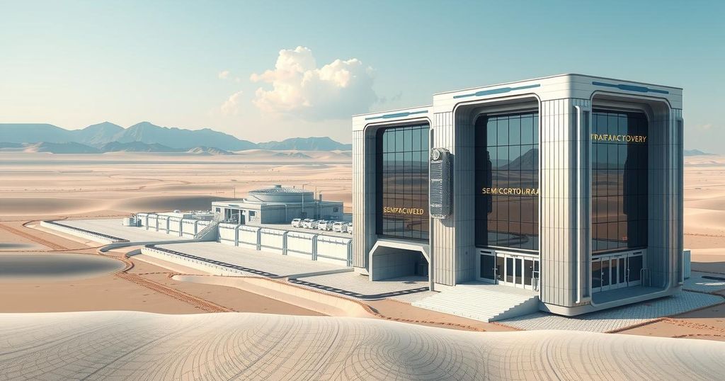 Conceptual rendering of a futuristic semiconductor manufacturing plant in an arid landscape with modern architecture.