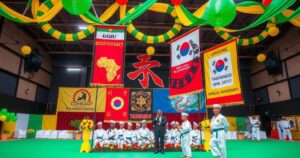 Martial arts celebration event with banners and decorations for African GOJU and taekwondo anniversaries.