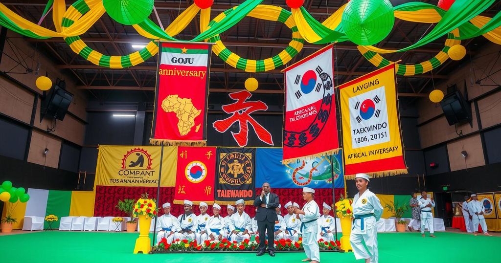 Martial arts celebration event with banners and decorations for African GOJU and taekwondo anniversaries.