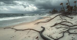 A weathered shoreline in Mexico after a storm, with debris scattered across wet sand and turbulent ocean waves.