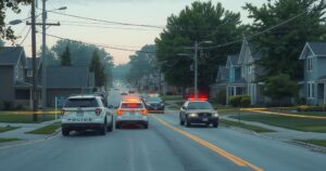 A somber scene of a quiet Minnesota neighborhood with police presence, indicating investigation and search operations.