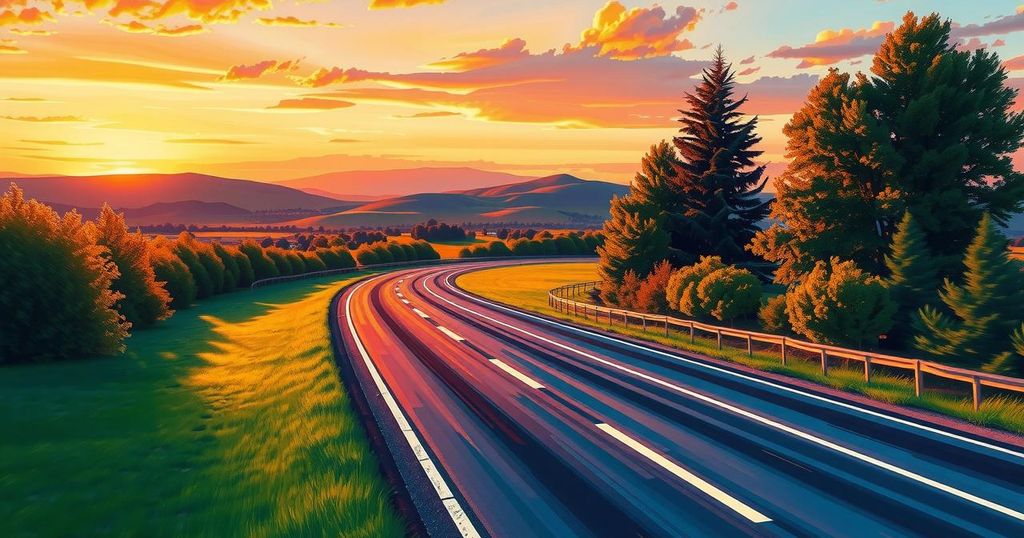 A vibrant view of a racetrack at sunset, featuring empty lanes and distant hills under a colorful sky.