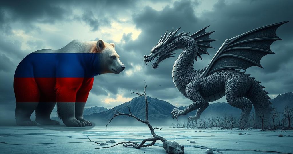 A graphic representation of two symbolic animals, a bear and a dragon, amidst a backdrop of polarized landscapes in muted colors.