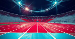 A track and field scene featuring a vibrant track with sleek design and bright colors showcasing athletic competition.