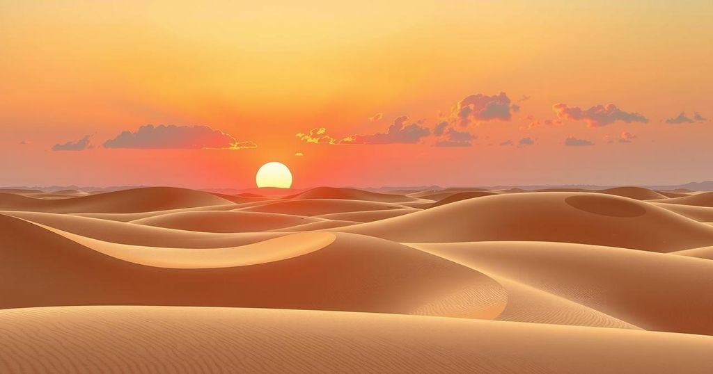A serene desert landscape at sunset with golden sands and soft clouds, symbolizing Egyptian regulatory efforts in healthcare.