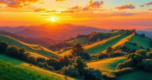 A serene landscape featuring rolling hills, vibrant greenery, and a sunset painted in warm hues of orange and purple.