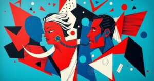 Abstract depiction of political tension in Bangladesh with vibrant colors and bold shapes.