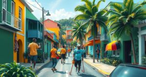 Vivid illustration of a bustling Jamaican cityscape with vibrant colors that capture a lively atmosphere.