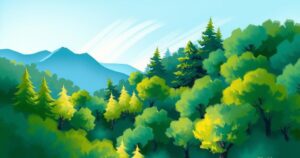 Landscape depicting a peaceful diplomatic meeting between nations with green forests and clear skies.