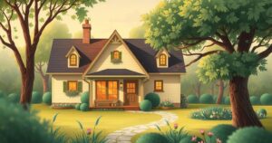 A serene landscape depicting a cozy home surrounded by lush greenery, symbolizing family and real estate partnerships.