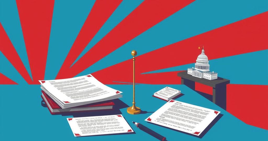 A political debate scene illustrating tension over legislation with contrasting colors and bold lines.