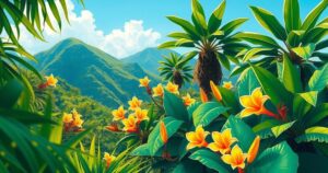 A vibrant landscape depicting Brazilian flora and fauna with a warm color palette, inspired by impressionism.