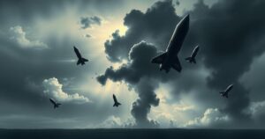 A dramatic landscape with dark clouds and silhouettes of missiles, reflecting tension in a geopolitical theme with a muted color palette.