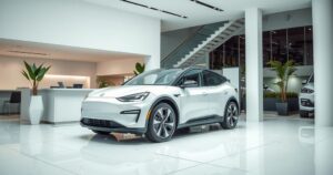 A stylish electric vehicle in a modern dealership with vibrant colors, symbolizing eco-friendly transportation growth.