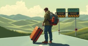Traveler with suitcases crossing a border in a scenic landscape, symbolizing migration and resilience.