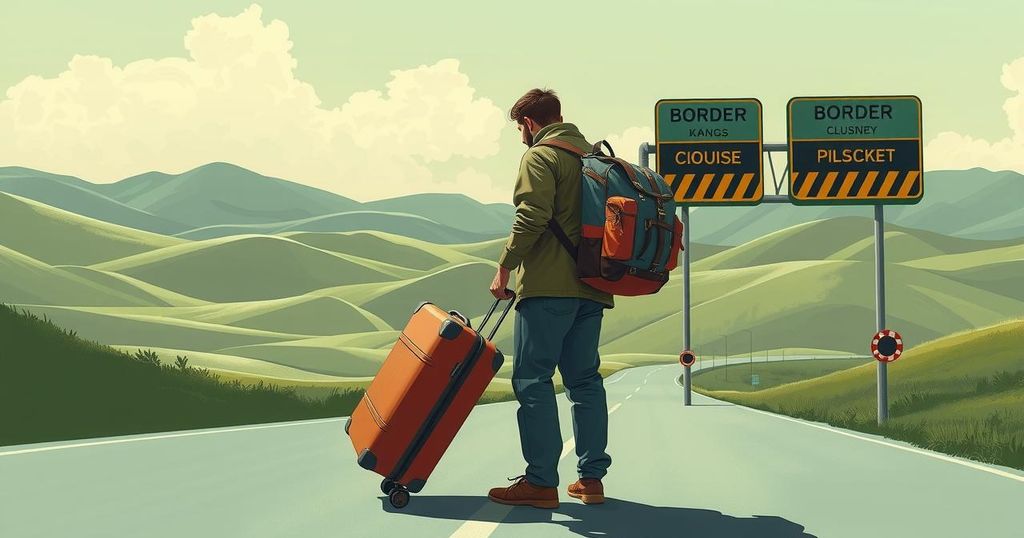 Traveler with suitcases crossing a border in a scenic landscape, symbolizing migration and resilience.