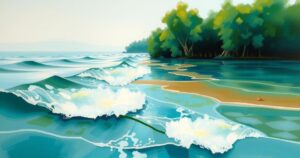 A serene, abstract landscape depicting tranquility after a flood, featuring captivating hues of blue and green.